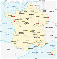 administrative map of France with latitude and longitude
