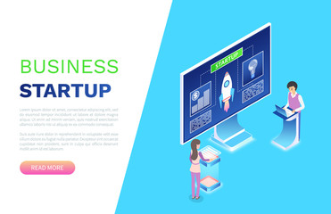 Business startup vector, people working on new innovative project man and woman with data and information, monitor with info screen of computer. Website or webpage template, landing page flat style