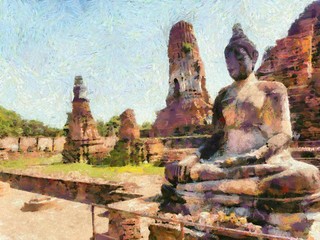 Fototapeta na wymiar Archaeological site in Ayutthaya Illustrations creates an impressionist style of painting.