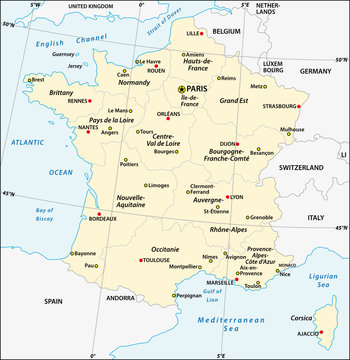 administrative map of France with latitude and longitude
