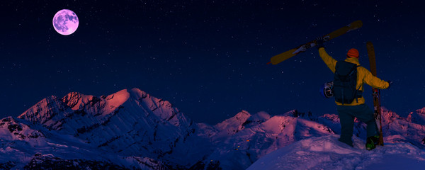 Obraz na płótnie Canvas Scenic night backcountry ski panorama sunset landscape of Crans-Montana range in Swiss Alps mountains with peak in background, Verbier, Switzerland.