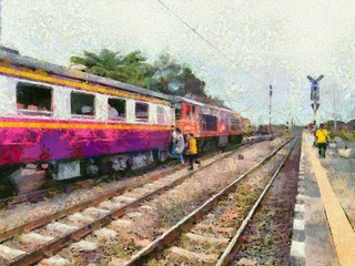 Fototapeta premium Thai train at train station Illustrations creates an impressionist style of painting.