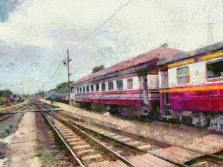 Obraz premium Thai train at train station Illustrations creates an impressionist style of painting.