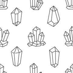 Crystal seamless pattern with line gemstone icons. Geometric mineral on white background with black polygonal stone quartz, diamond for magic jewelry poster design