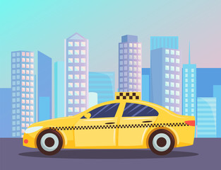 Naklejka na ściany i meble Cityscape with yellow cab. Taxi car with office building, skyscraper house on background. Public transport service. Vehicle on the street. Vector illustration in flat cartoon style