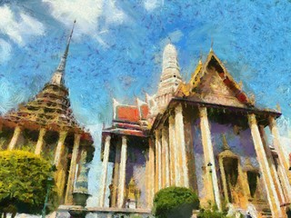 Phra Kaew Temple and the Grand Palace, Bangkok Illustrations creates an impressionist style of painting.