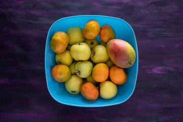 Mandarin Oranges, Apple and Mango Fresh Fruit on Blue Tray.