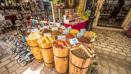 Seasonings Spices and dry teas on the street market.