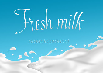 Design elements of dairy products - splash of milk, with a set of inscription.