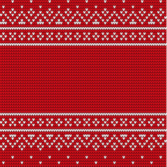 Fototapeta na wymiar Cloth with winter handicraft pattern on red. Christmas embroidery on woolen textile. Repeat symbols in shape of lines and snowy ornaments. Cover for present or element of sweater with Xmas sign vector