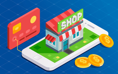 Online shopping with card. Isometric illustration.