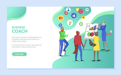 Fototapeta premium Business web coach, hipster animals cooperation, trainer showing rising chart or statistic on board, teamwork discussion, seminar education vector. Website or webpage template, landing page flat style