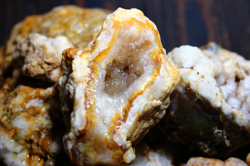 Fragment of untreated agate with quartz geode, quartz-chalcedony aggregate