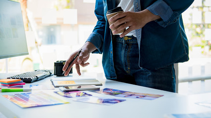 Advertising agency designer creative start-up team discussing ideas in office.