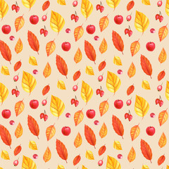 seamless pattern, autumn harvest, watercolor illustration, apples, berries, dry leaves