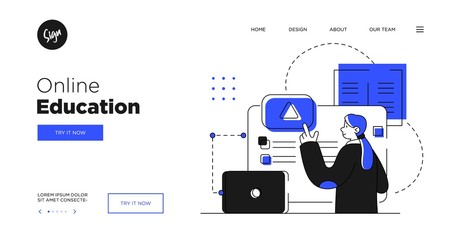 Presentation slide template or landing page website design. Business concept illustrations. Modern flat outline style. Online education courses