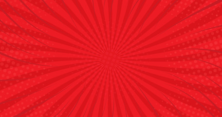 Red comic background with rays. Vector illustration