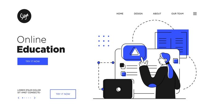 Presentation slide template or landing page website design. Business concept illustrations. Modern flat outline style. Online education courses