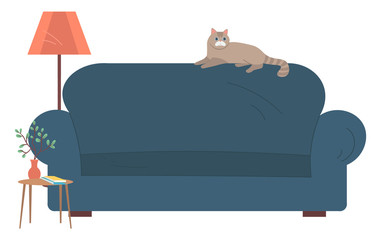 Domestic cat lying on sofa, nobody soft place, lamp and wooden table with books and house-plant in vase, apartment or living room on white. Vector illustration in flat cartoon style