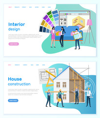 House construction vector, interior design, designers thinking on color palette and solution for estate. Monitor with application, people building. Website or webpage template, landing page flat style