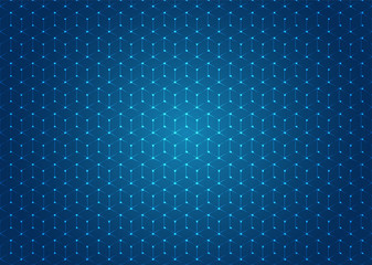 Abstract geometric hexagons shapes seamless pattern with illuminated dot on blue background.