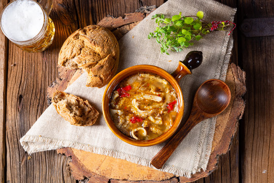 Spicy tripe soup with red paprika.