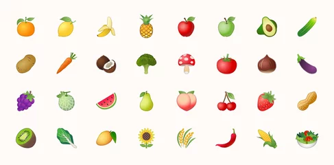 Fotobehang Fruits vector icons set. Fruits are apple, lemon, banana, orange, pear, pineapple, grapes, cherries, strawberry, and blueberries emojis collections © peregrinus