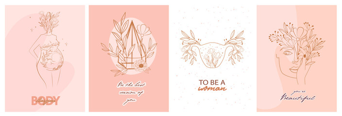 Set of motivation and inspiration posters with abstract leaf and flower elements, woman body and girl portrait in one line style. Illustration in minimalistic style. Editable vector illustration - obrazy, fototapety, plakaty