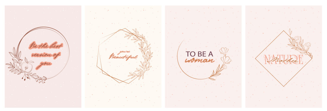 Set of motivation and inspiration posters, frame with abstract leaf and flower elements. Illustration in minimalistic style. Editable vector illustration