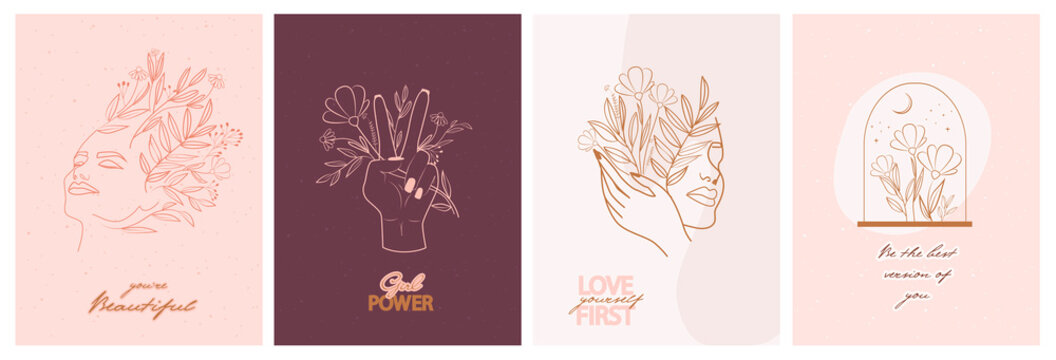 Set of motivation and inspiration posters with abstract leaf and flower elements, hands and girl portrait in one line style. Illustration in minimalistic style. Editable vector illustration