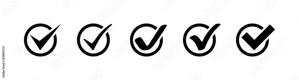 Poster check mark collection. check mark black vector icons in a row, isolated on white background. check m