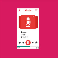 Media player application, app template with flat design style for smart phones, PC or tablets. Clean and modern - Vector