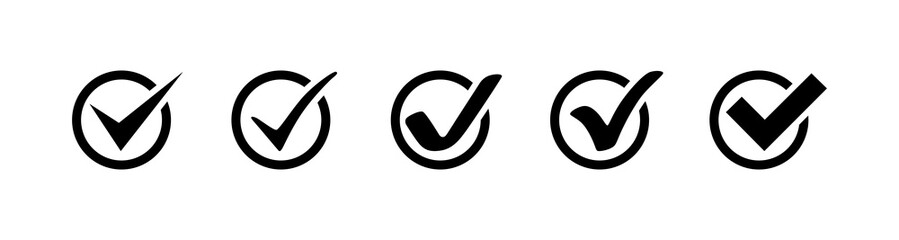 Check Mark collection. Check Mark black vector icons in a row, isolated on white background. Check Marks vector icons in circle. vector