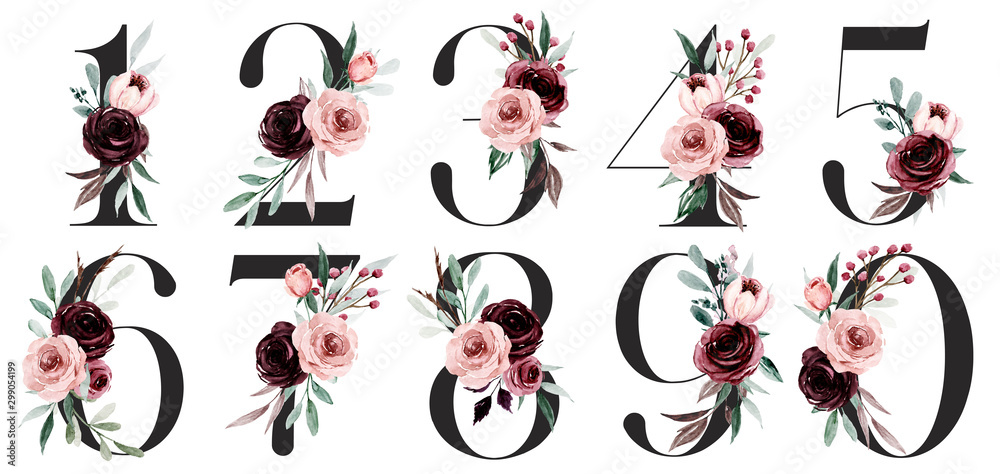Sticker numbers set with watercolor flowers roses hand painting. perfectly for anniversary, wedding invitati - Stickers