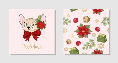 Fototapeta na wymiar Set of holiday gift cards with Mouse, inscriptions and hand-drawn design elements. Vector illustration.