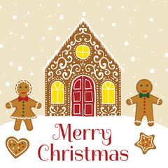 Merry Christmas greeting card with gingerbread house