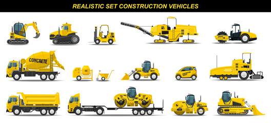 Realistic set construction vehicles. Building banner. Everything for construction.