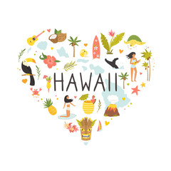 Fototapeta na wymiar Hawaii emblem, print with symbols, landmarks icons