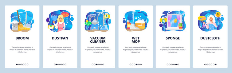 Mobile app onboarding screens. House cleaning service, woman housemaid, vacuum cleaner, broom, dustpan. Vector banner template for website and mobile development. Web site design flat illustration