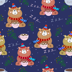Seamless pattern with funny cute bears. Christmas decor. Vector