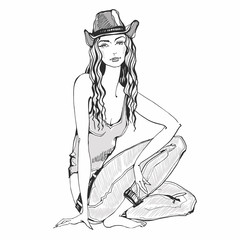Fashion girl in jeans and hat. Sketch and watercolor spots. Vector