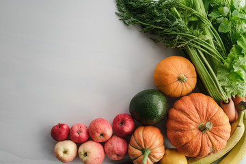 Kitchen - fresh colorful organic vegetables captured from above (top view, flat lay). Layout with free text (copy) space.