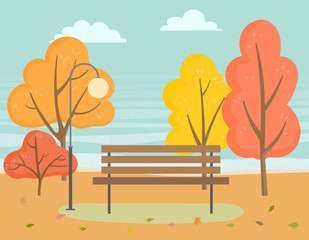 Beautiful landscape of autumn park illustration. Vector wooden bench, near stand street lamp. Trees with yellow and orange foliage, golden leaves falling on ground. Nature fall view without people