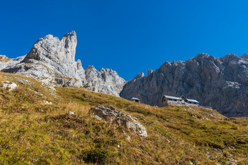 Fototapeta na wymiar Valley of the Piave, Calvi refuge on the slopes of Mount Peralba. Sappada, Italy