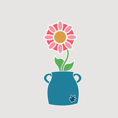 Cartoon pink flower in a blue jug pot. Simple scandinavian style. Vector illustration isolated on a light background.