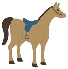 Horse mammal vector, isolated animal with seat for rider. Flat style mane standing and looking at side, stallion strong pet from farm equestrian sports