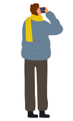 Man wearing warm clothes holding camera in hands vector. Isolated character taking photograph, professional with special device for photography. Hobby of male in jacket and scarf, leisure of person