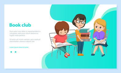 Reading club for children. Girl in glasses holding pile of books. Kids discussing literature. Back to school concept. Flat cartoon vector illustration