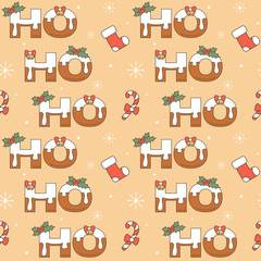 ho ho ho text with christmas letter decorated with snow, bells and mistletoe holidays seamless vector pattern background illustration