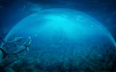 Old city kingdom under the sea surrounded with glass barrier